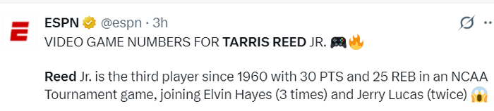 塔里斯-里德单场30+25破NCAA尘封58年纪录